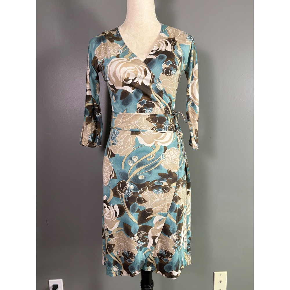 Vintage Y2K Banana Republic Wrap Dress XS Silk Cotton Floral Tealβ Brown Lorelai